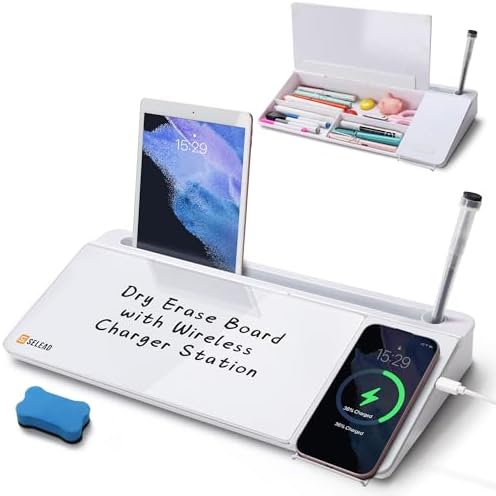 SELEAD Desktop Glass Whiteboard with Wireless Charger and Storage, White