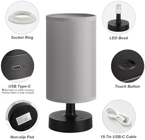Kakanuo Cordless Table Lamp Rechargeable Small - 1 Pack Gray Black, 4000mAh Battery Operated Lamp with Touch Control Stepless Dimming, Wireless Lamp for Bedside, Nightstand, Bedroom, Living Room