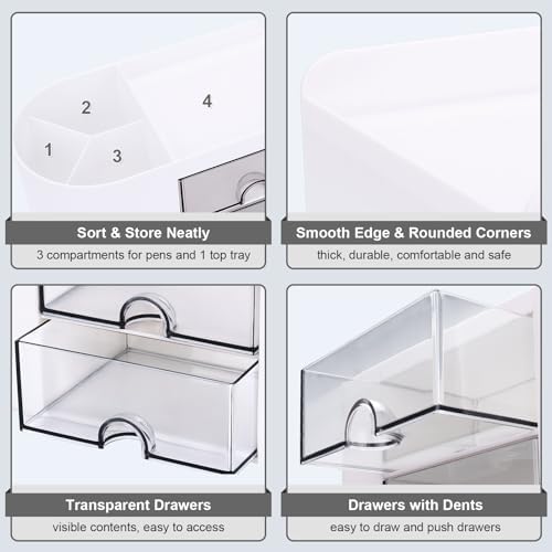 Meiikun Desk Organizer with Drawer, Pen Organizer for Desk, Small Pencil Holder, Desk Organizers and Accessories for Office Home Storage (2 Drawers+4 Compartments, White)