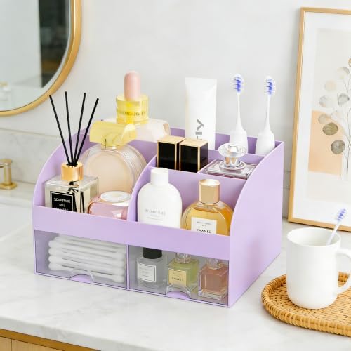 Makeup Organizer with 2 Drawers, Cosmetic Storage for Dresser Vanity and Bathroom Countertop,Make up organization and Skincare Storage with Beauty Brush Holder, Cosmetic Display Case (Purple)