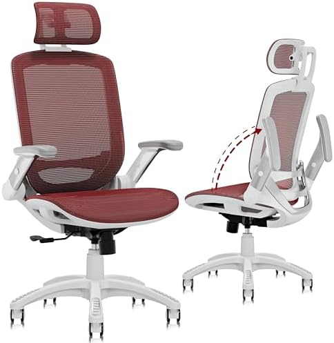 GABRYLLY Ergonomic Office Chair, High Back Home Desk Chair with 2D Flip-Up Arms, 3D Headrest, 90-120° Tilt and Wide Cushion, Big and Tall Mesh Chairs for Man Woman, Computer Task Chair Red