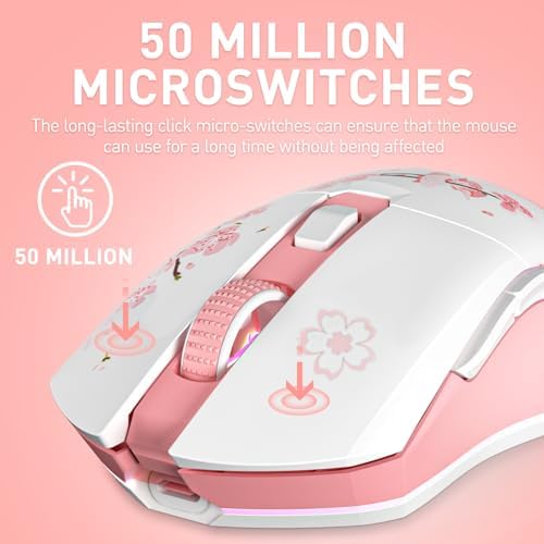 DAREU Sakura Pink Wireless Gaming Mouse with Charging Dock Rechargeable RGB,12K DPI,6 Programmable Buttons High-Precision Sensor [300IPS] [1000Hz] for PC Notebook Mac