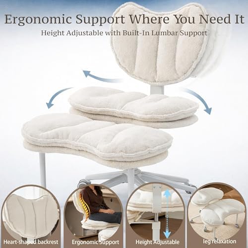 Cross Legged Chair with 360° Swivel Footrest, Criss Cross Office Chair for Plus Size, Teddy Fleece Armless Desk Chair with Wheels, Memory Foam Cozy Active Sitting Chair for Home Office,