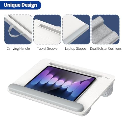 Besign LT08 Laptop Stand, Portable Lap Desk with Pillow Cushion, Fits up to 14 inch Laptop, with Anti-Slip Strip for Desk, Sofa & Bed, White and Gray