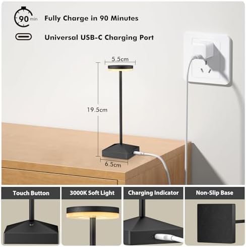 3 Pack Small Black Rechargeable Cordless Table Lamps Dimmable