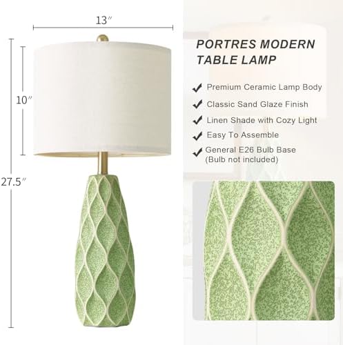 Ceramic Table Lamps Set of 2, 27.5" Green Lamps for Bedroom Living Room
