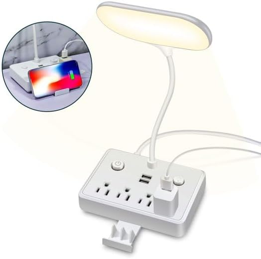 LED Desk Lamp with 4 AC Outlets, 2 USB Charging Ports, Gooseneck, Dimmable, 4ft Cord for Reading, Working, Studying