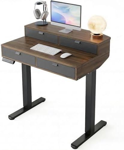 HUANUO 32 x 20 Inch Electric Standing Desk with 4 Drawers, Walnut