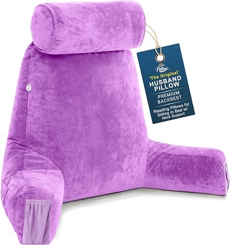 Husband Pillow Medium Reading Pillow with Arms - 23" Backrest for Sitting Up in Bed - Firm Support Bed Rest Pillow for Adults, Neck Roll, Removable Cover - TV, Reading, Lounging - Light Purple