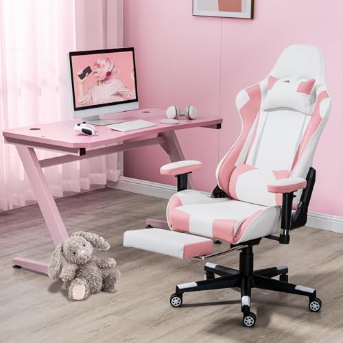 Pink-White Ergonomic High Back Massage Gaming Chair with Footrest