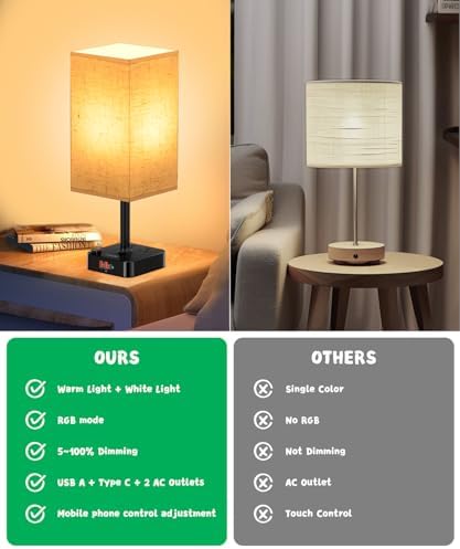 cozoo RGB Remote Bedside Lamp 16 Color Dimming for Nightstand Table Flaxen