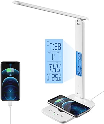LED Desk Lamp with Wireless Charger, USB Charging Port, Office Table Lamp with Clock, Alarm, Date, Temperature for Home Office, White