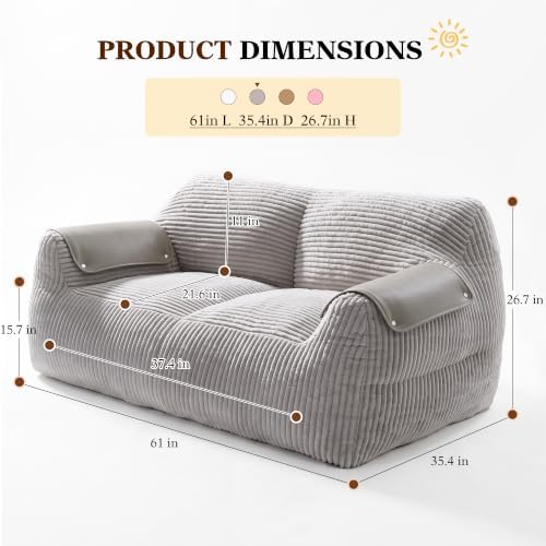 Homkdom Bean Bag Chairs for Adults, Lazy Loveseat Sofa with Armrests, Grey