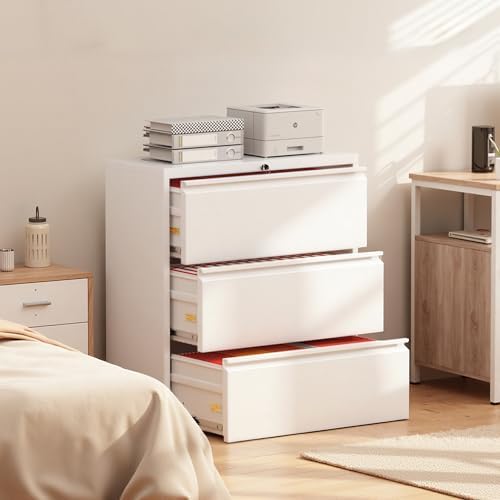 Superday Lateral File Cabinet 3 Drawer Metal File Cabinet with Lock, White Filing Cabinets for Home Office, Locking Filing Cabinets Hanging Files Letter/Legal/F4/A4