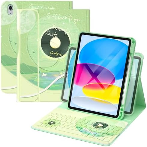 YBING Keyboard Case for iPad 10th Gen 10.9 inch (2022) & 11th Gen (A16, 2025), Bluetooth Wireless Detachable Keyboard with Green Music Painted Patterns, 360 Rotatable Magnetic Case with Pencil Holder