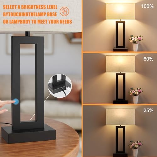 Seealle 22" Tall Living Room Lamps for Night Stands - Touch Bedside Lamp with USB C+A, 3 Way Dimmable Bedroom Lamps for End Tables Set of 2, Modern Night Stand Lamps for Bed Side(Cream&Black)