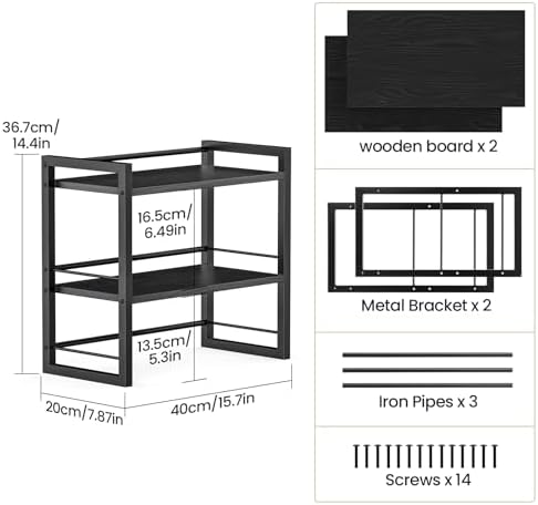 Office Desk Shelf Organizer, Wood Desktop Bookshelf Supplies Storage Rack, Shelf for Top of Desk and Dresser (Pure Black-2 Tier)
