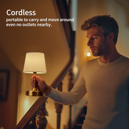 ONEWISH 2 Pack Small Cordless Lamps, Battery Operated Table lamp Dimmable, 4000mAh Rechargeable, Touch Bedside Lamp with White Fabric Shade, 2700K Bulb Included, for Dining, Patio, Bathroom(Gold)