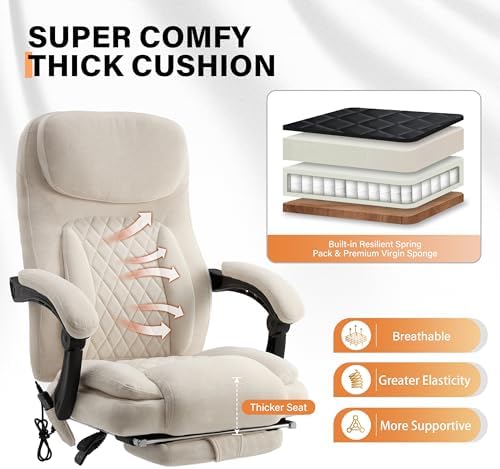 500LBS Massage Office Chair, Reclining 6 Points Vibration and Heat Desk Chair with Foot Rest, Ergonomic Executive Office Chairs, Comfy Wider & Thicker Seat, Big and Tall Gaming Chair, Fabric Beige