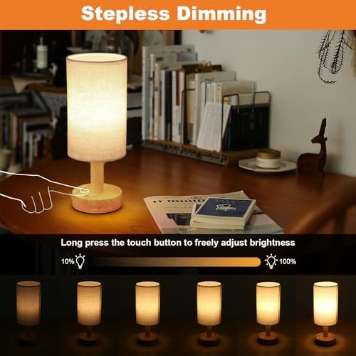 Rechargeable Cordless Touch Table Lamp with Stepless Dimming,Natural Wood Base&Linen Shade,Small Battery Wireless Ambient Night Light for Bedroom,Bedside,Nightstand,Nursery,Kitchen,Camping,Outdoor