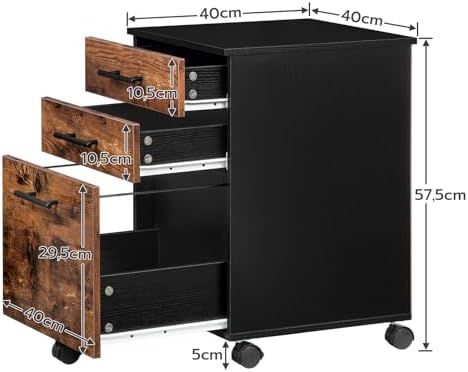 HOOBRO 3-Drawer File Cabinet, Wooden Under Desk Filing Cabinet, fits A4/Letter Size for Home Office, Small Rolling Storage Drawer Chest, Printer Stand with Drawers, Rustic Brown and Black BF02WJ01G1