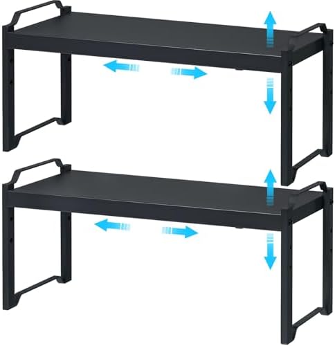 X-cosrack 25.5 Inches 2 Pack Expandable Cabinet Shelves, Stackable Shelf Organizer for Kitchen Cabinet Countertop Storage, Adjustable Counter Cupboard Pantry Organizer Shelf Rack Stand Riser, Black