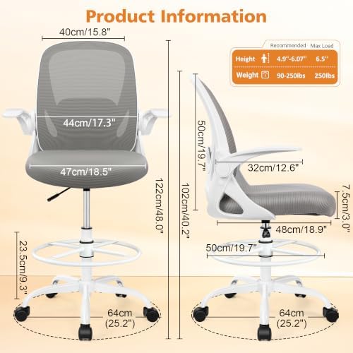 Drafting Chair Tall Office Chair with Flip-up Armrests, Adjustable Height, and Enhanced Lumbar Support - Ergonomic Rolling Stool, Back Support, and Adjustable Foot Rest Ring for Standing Desk Gray