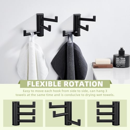 Suyar Bathroom Towel Hook Matte Black, Swivel Coat Robe Holder with 3 Arms