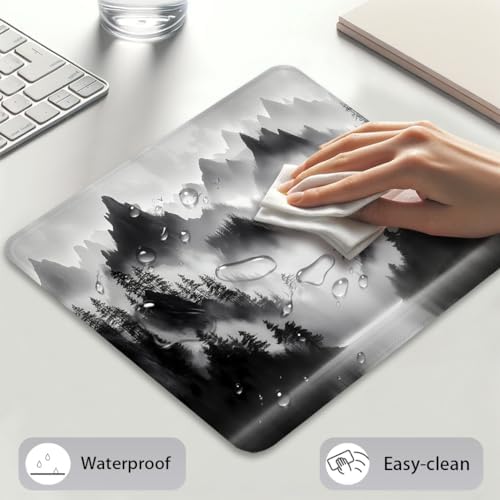 Misty Pine Forest Foggy Mountain Mouse Pad, Black and White Desk Mat