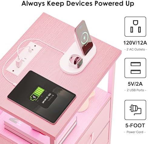 Fixwal Night Stand with Charging Station, Led Nightstand, Pink, 2 Drawers