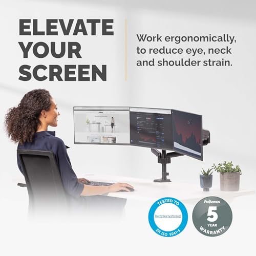 Fellowes Platinum Series Triple Monitor Arm for 27-Inch Monitors, Full Motion, 360° Rotation, VESA Mount with Grommet or Clamp, USB Ports, Ergonomic, Black, 8042601