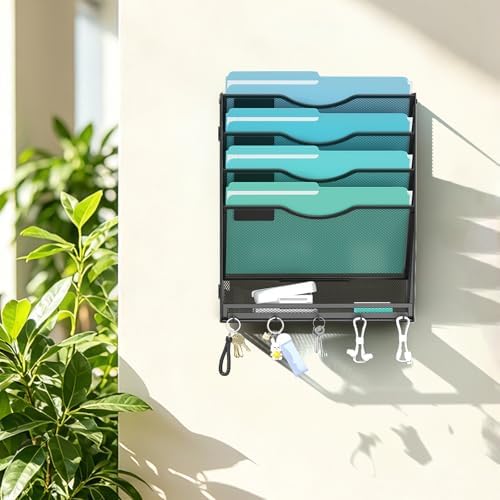 Gawerk 5-Tier Wall File Organizer Hanging Wall File Holder Wall Mount Paper Folder Organize, Mesh Magazine Document Mail Organizer for Office School Home, Black