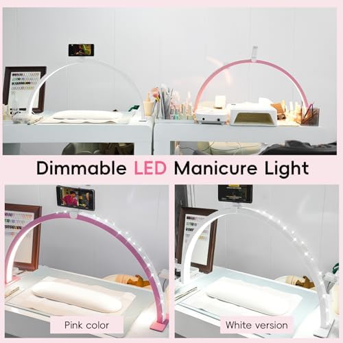 Large 29-inch Half Moon Light for Nail Desk,48W Lamp for Nail Desk with Hand Pillow and Phone Holder, Nail Desk lamp Pink for lash Eyelash Extension,Color Temperature 3000K-6000K (White)
