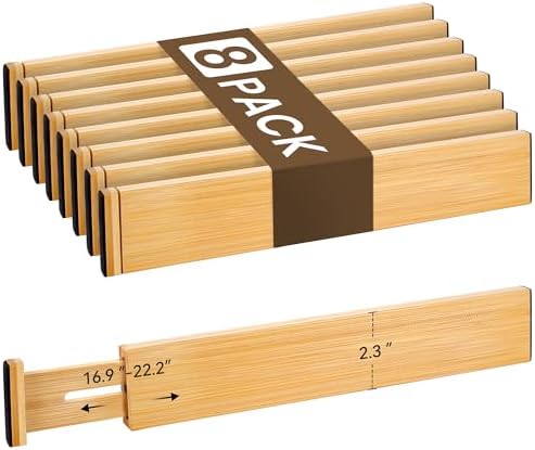 Adjustable Bamboo Drawer Dividers of 8, Expandable Organizers (16.9"-22.2")