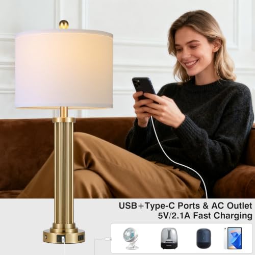 28" Tall Modern Table Lamps Set of 2 with USB C+A Ports and AC Outlet, 3 Way Touch Metal Bedside Lamps for Bedroom, Gold Nightstand Lamps for Living Room