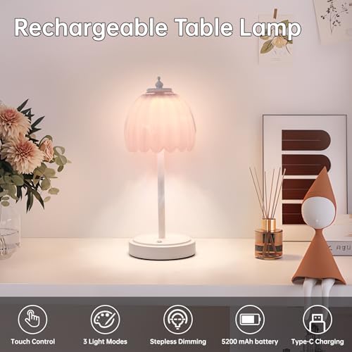 Shenmoyl Rechargeable Table Lamp with 5200mAh Battery & Touch Control - 3 Adjustable Color Temperatures, Cordless Dimmable Table Light for Bedroom, Office Desk, Nightstand(Creamy Pink, 1 Pack