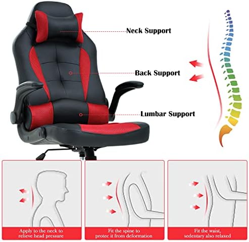 Red PU Leather Gaming Chair - Adults Ergonomic Desk Chair with Flip Up Arms, Swivel Reclining, Height & Backrest Adjustable, 300 Lbs