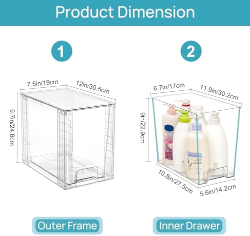 Vtopmart 4 Pack Clear Stackable Storage Drawers,9.7" High Plastic Organizers Bins for Skincare, Bathroom Supplies,Ideal for Cabinet,Undersink,Vanity,Kitchen,Pantry Organization