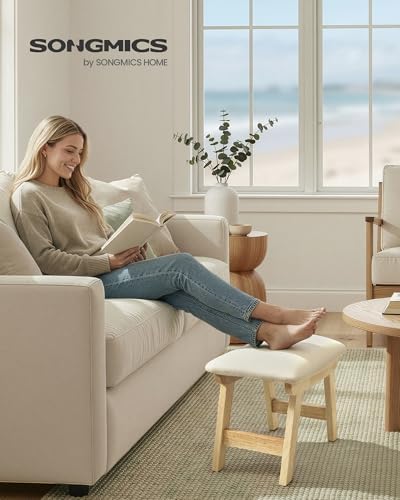 SONGMICS Foot Stool Ottoman, Padded Foot Rest Under Desk, Solid Wood Frame