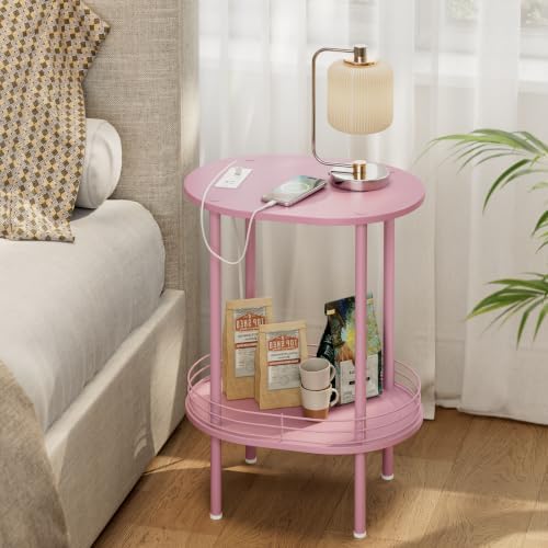 Small Oval Side Table with Charging Station, 2-Tier Pink Round End Table