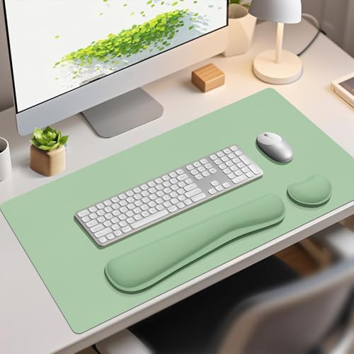 Desk Mat Set， Wrist Rest for Computer Keyboard, 3-in-1 Large Mouse Pad and Keyboard Wrist Rest Set, Non-Slip Desk Mat Protector for Office, Home(27.5×13.8 Inches, Lake Green)