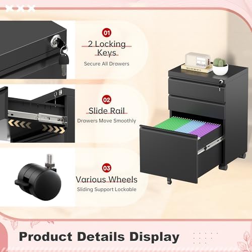 Superday Black File Cabinet 3 Drawer, Fully Assemble Metal Rolling Vertical Filing Cabinet with Wheels, Small Under Desk File Cabinets for Home Office