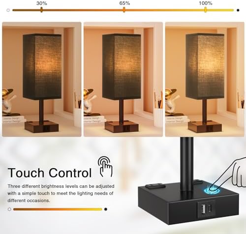 Touch Bedside Table Lamp for Nightstand - 3-Way Dimmable Night Lamp with USB A + Type C Charging Ports and Two AC Outlets, Small Desk Light with E26 LED Bulb for Bedroom Living Room Dorm Office,Black
