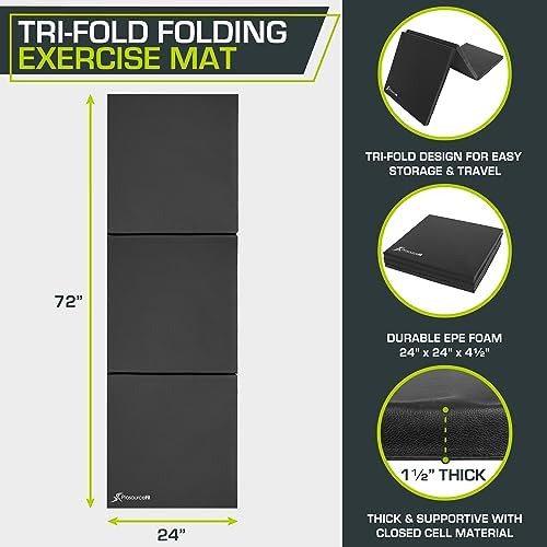 ProsourceFit Tri-Fold Folding Thick Exercise Mat 6’x2’ with Carrying Handles for MMA, Gymnastics, Stretching, Core Workouts