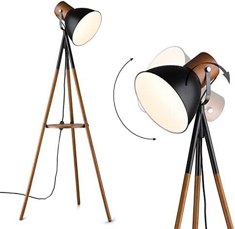 ELYONA Dimmable Tripod Floor Lamp with Table, Wood Standing Lamp with Adjustable Metal Shade, Modern End Table with Reading Light for Livingroom, Bedroom, Office, LED Bulb Included, Black & Brown