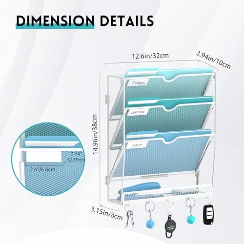 4-Tier Wall File Organizer and Mail Organizer with 5 Hooks, White
