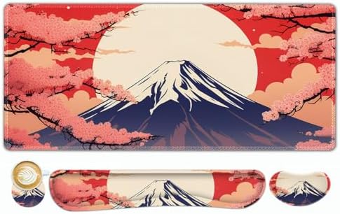 ToLuLu Large Mouse Pad Desk Pad Set, Wrist Rest Support Desk Mat for Keyboard Mouse, 4PCS 35.4”x15.7 XXL Giant Mouse Pad, Non-Slip Base Mousepad Office Desk Decor, Japanese Moon Red Cherry Blossom