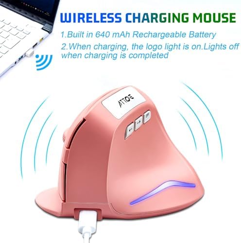 Wireless Vertical Ergonomic Optical Mouse, Pink Computer Mouse with 3 Adjustable DPI 1000/1600/ 2400, 5 Buttons for Laptop, Desktop, PC, MacBook