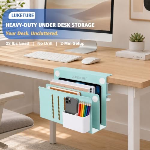 LUKETURE Desk Side Storage, 2 Tie Laptop Holder No Drill Clamp On Organizer
