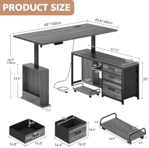 63'' L Shaped Desk with 3 Drawers Electric Standing Desks Grey
